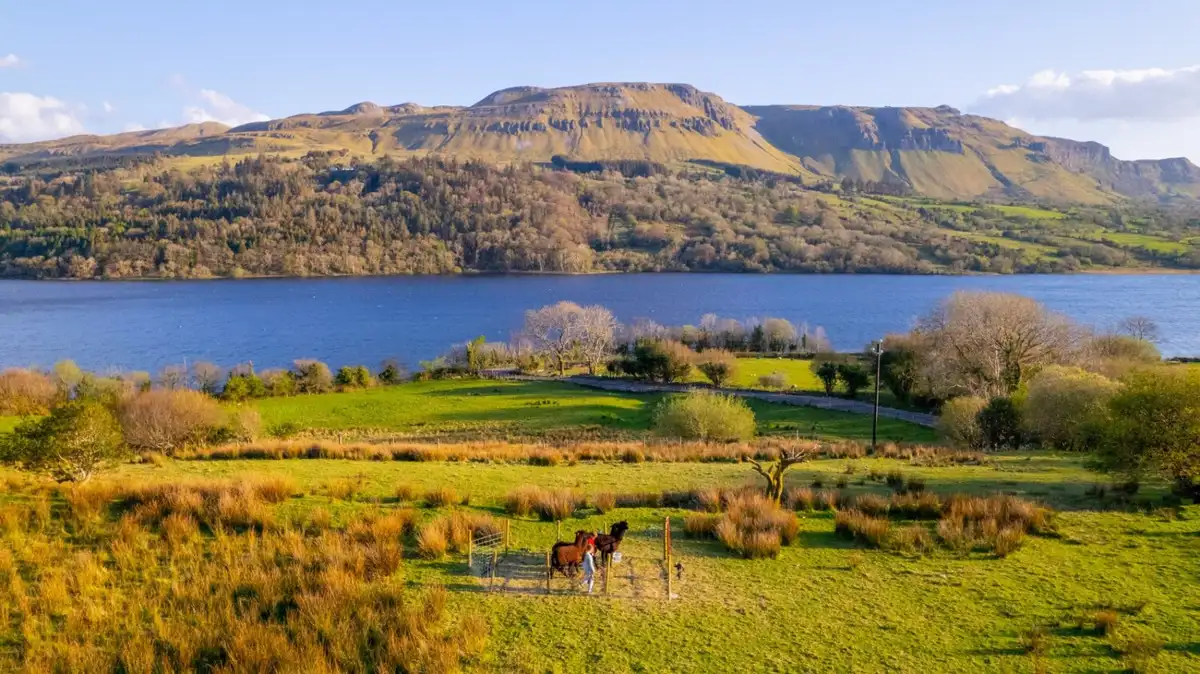 The farm from above - the alpaca pen with Glencar Lough and the escarpment beyond